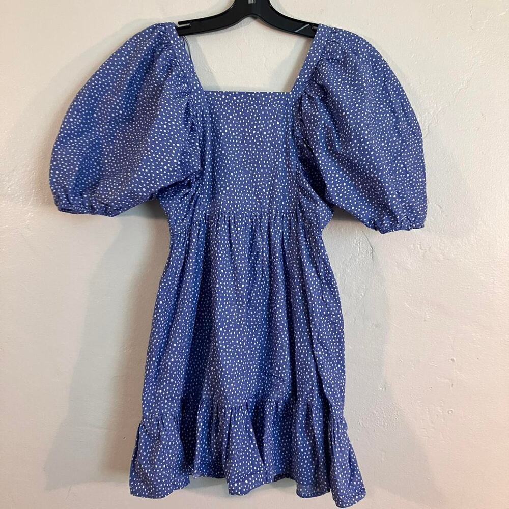 GB Blue puff-sleeve dress square neckline white polka dot‎ pattern ruffled hem